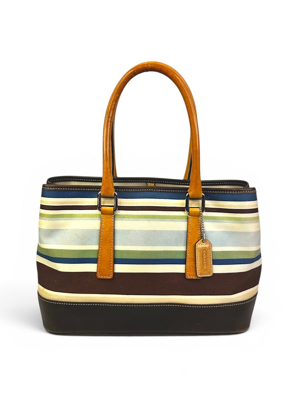 Vintage Coach Hamptons Multicolor Stripe Canvas Carryall Shoulder Bag F7771
